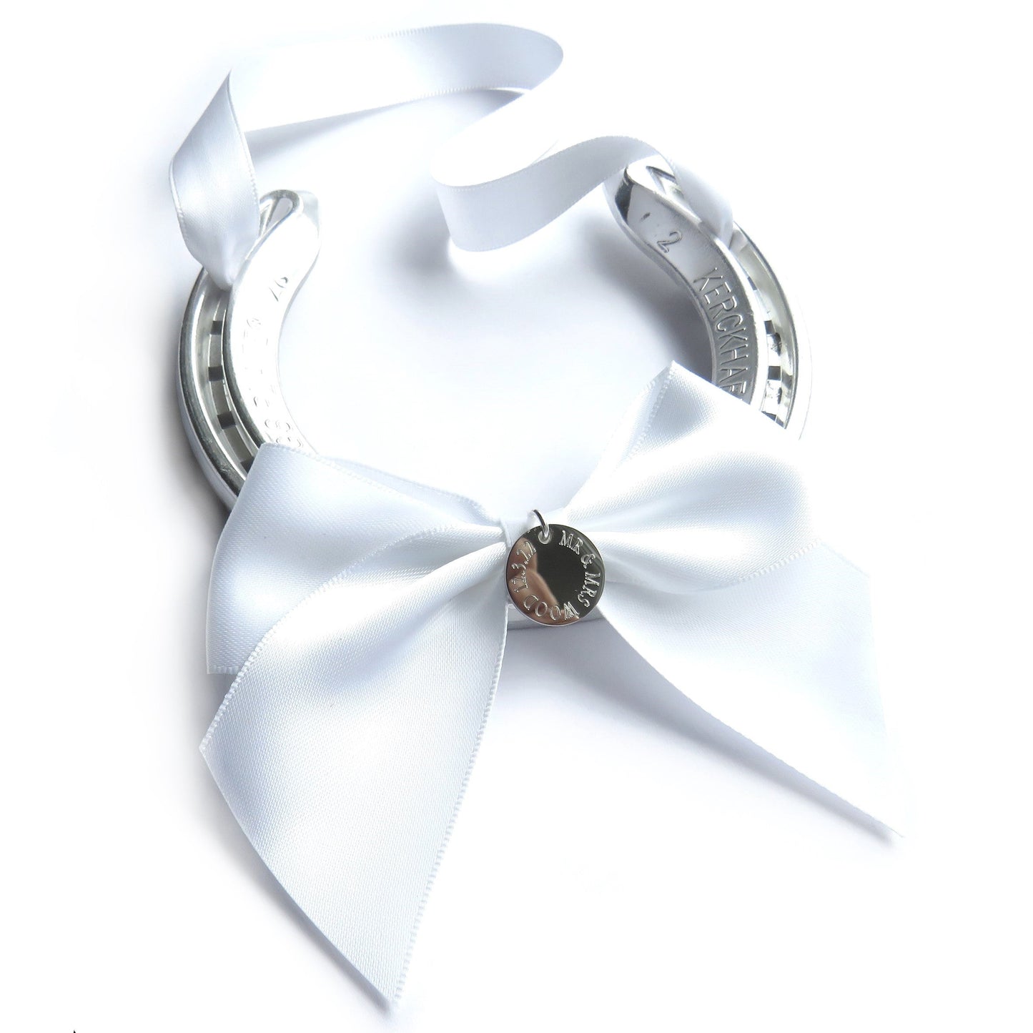 Wedding Horseshoe Engraved Good Luck Charm, White Satin Ribbon-2