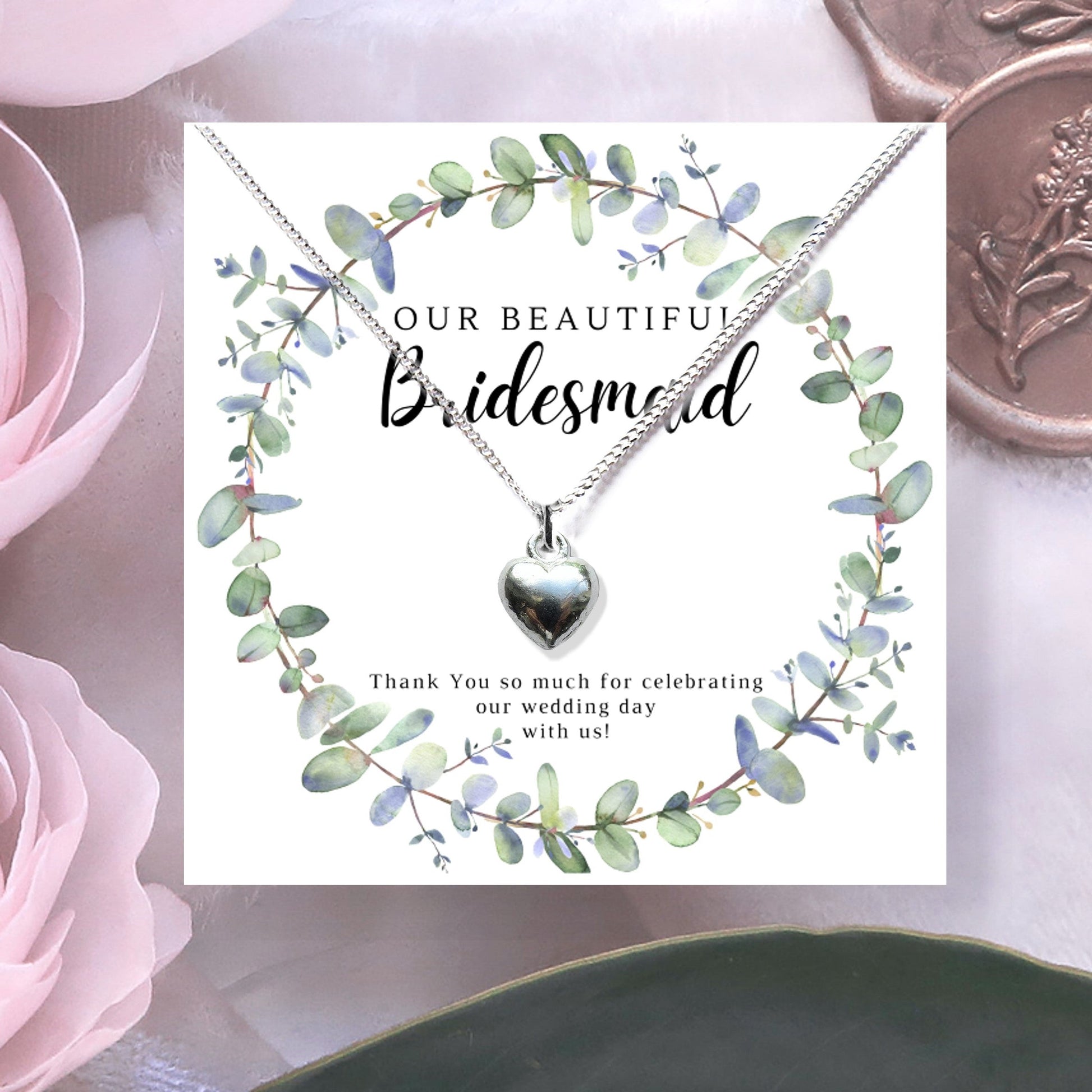 Bridesmaids Heart Necklace & Eucalyptus Thank You & Gift Card-0