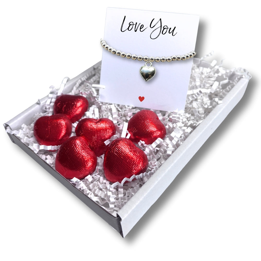 Puff Heart Silver Beaded Bracelet & Love You Mini Gift Hamper-0