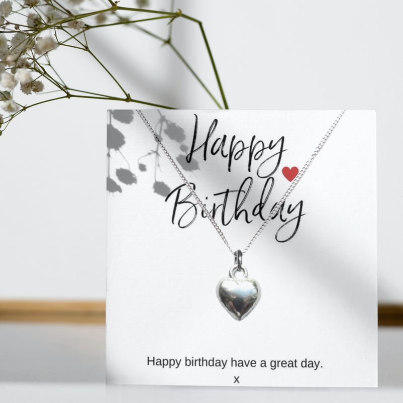 Happy Birthday Silver Heart Charm Necklace & Gift Card-0