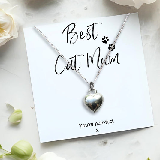 Best Cat Mum Silver Heart Charm Necklace & Gift Card-0
