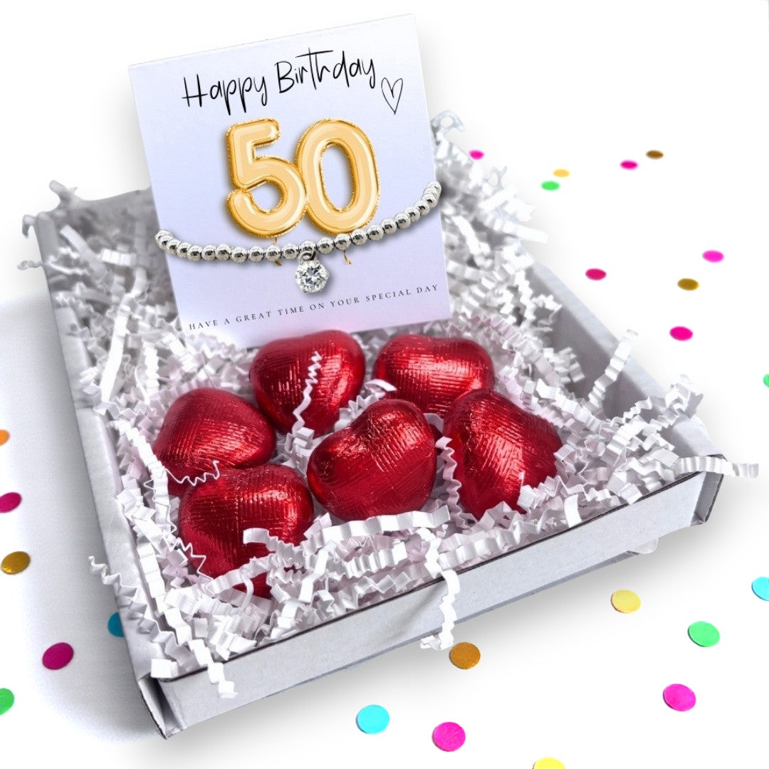 50th Birthday Cubic Zirconia Silver Bracelet & Gold Balloon Mini Gift-0