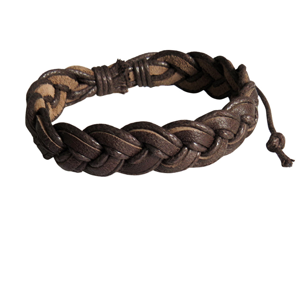 Men's Brown Pleated Leather Bracelet Gift-3