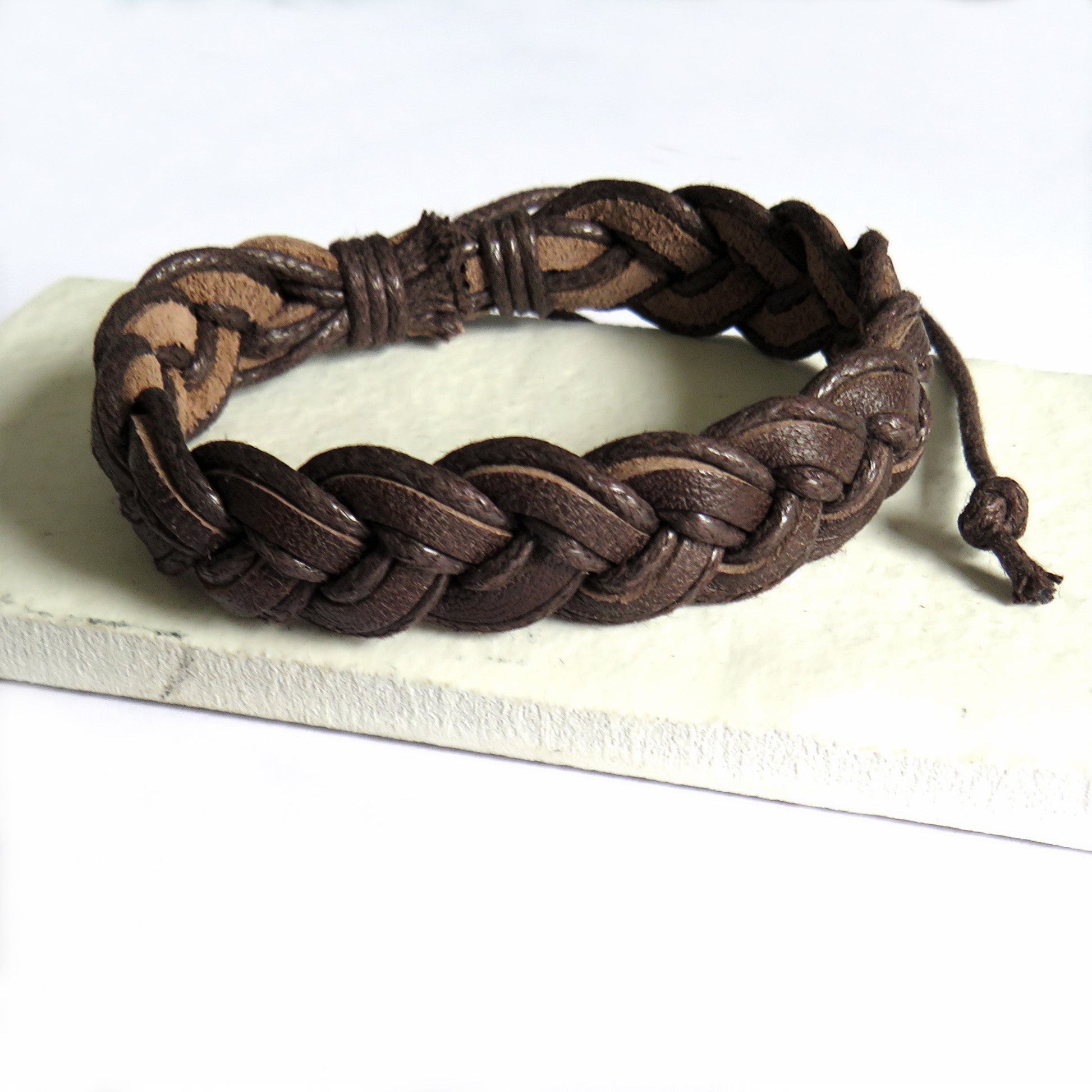 Men's Brown Pleated Leather Bracelet Gift-0