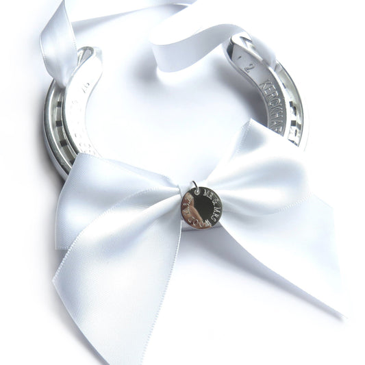 Wedding Horseshoe Engraved Good Luck Charm, White Satin Ribbon-0