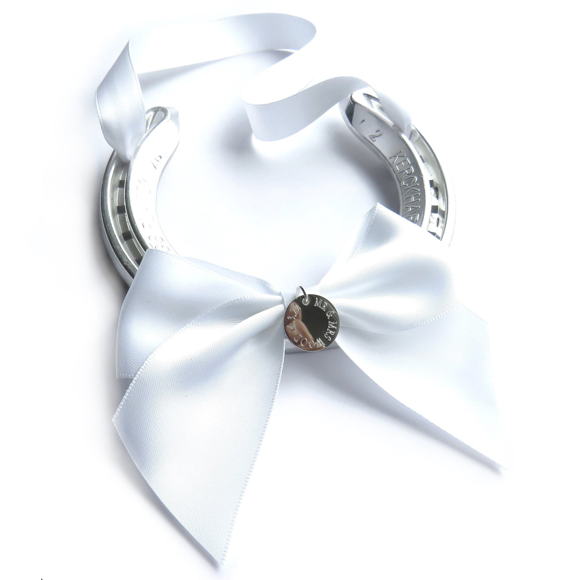 Wedding Horseshoe Engraved Good Luck Charm, White Satin Ribbon-2