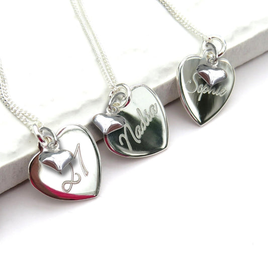 Personalised Sterling Silver Heart & Mini Heart Necklace Gift-0