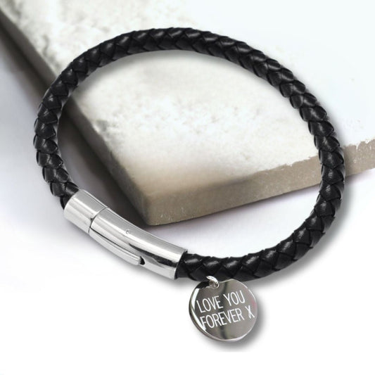 Personalised Men's Black Leather Rope Bracelet Gift-0