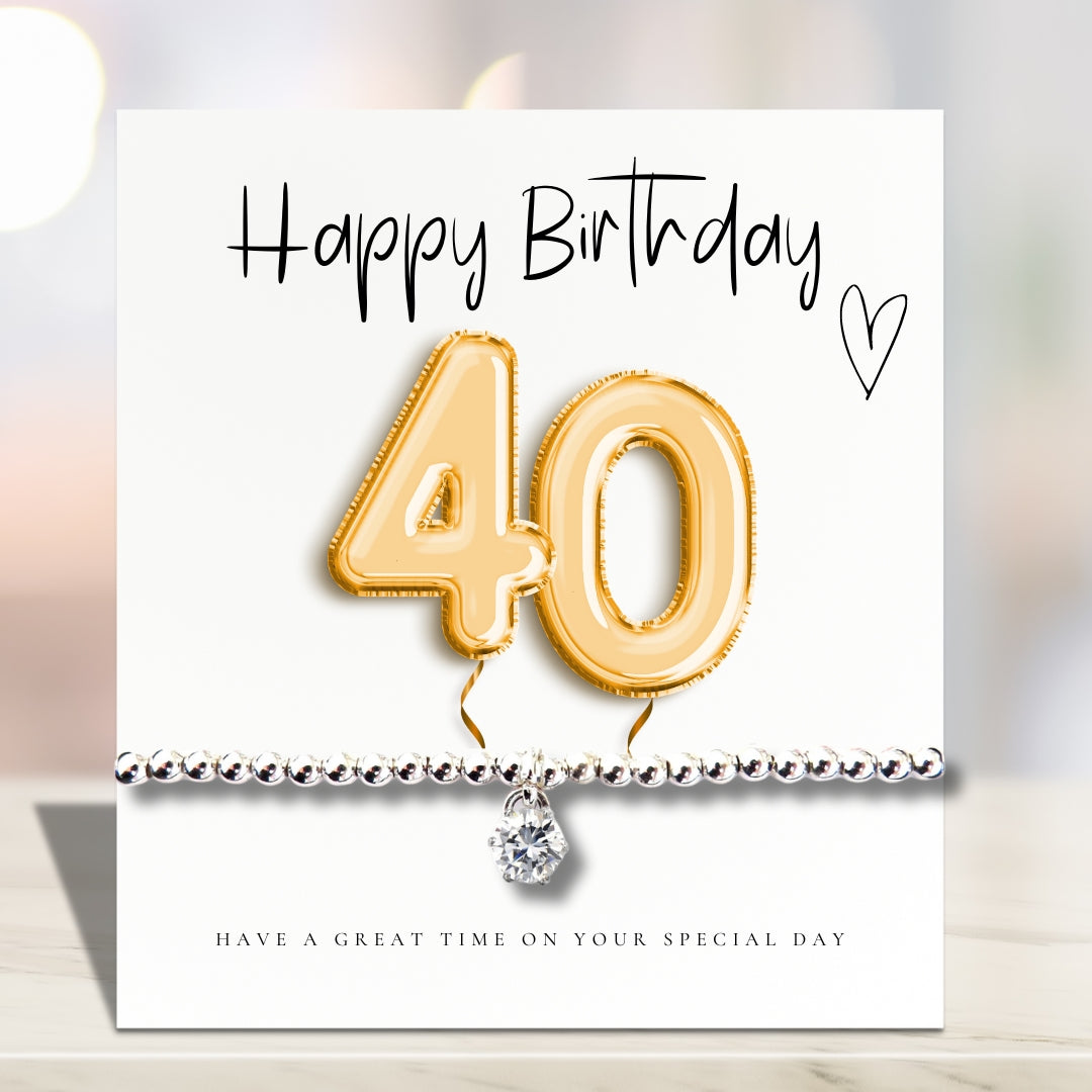 40th Birthday Cubic Zirconia Silver Bracelet & Gold Balloons Card Gift-0