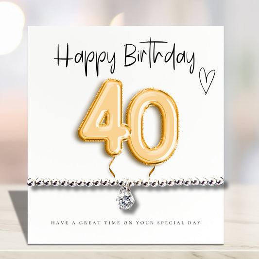 40th Birthday Cubic Zirconia Silver Bracelet & Gold Balloons Card Gift-0
