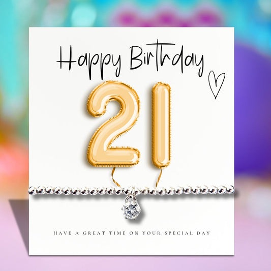 21st Birthday Cubic Zirconia Silver Bracelet & Gold Balloons Card Gift-0