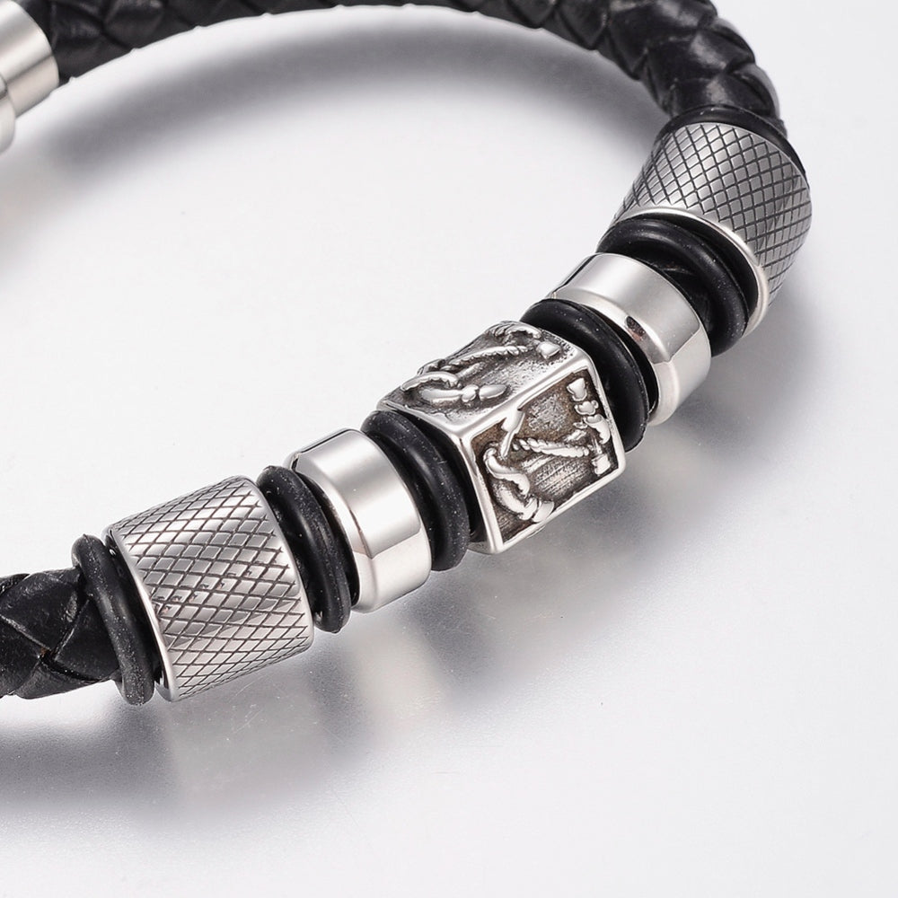 Men's Nautical Black Leather Bracelet Gift-4