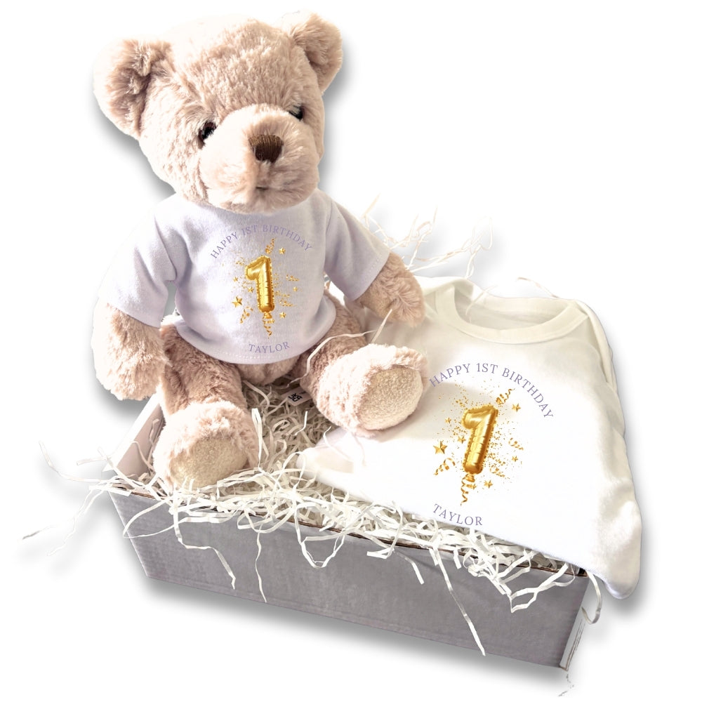 1st Birthday Gold Balloon Gift Hamper - Teddy & Baby Vest Baby Gifts-0