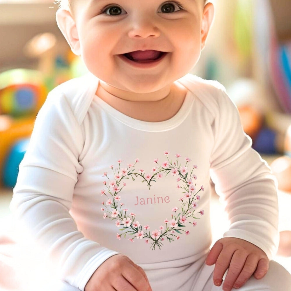 Personalised Pink Flower Heart Name Baby Outfit Baby Gifts-0