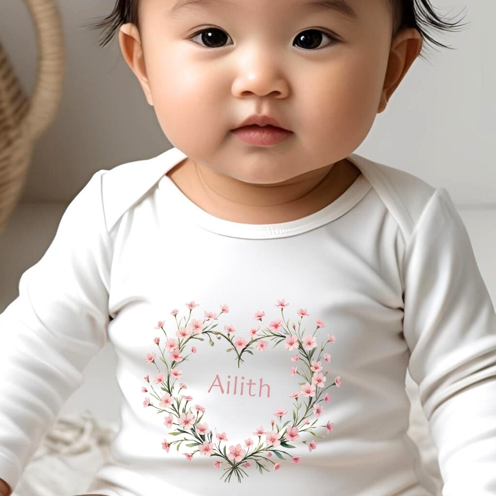 Personalised Pink Flower Heart Name Baby Outfit Baby Gifts-2