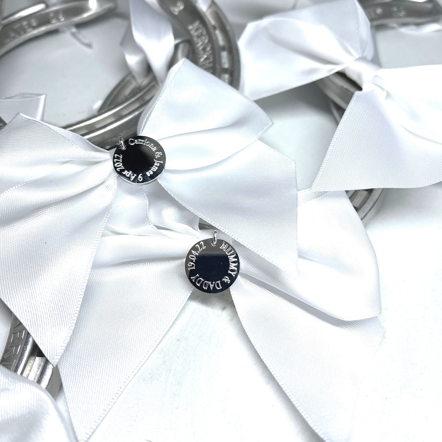 Wedding Horseshoe Engraved Good Luck Charm, White Satin Ribbon-1