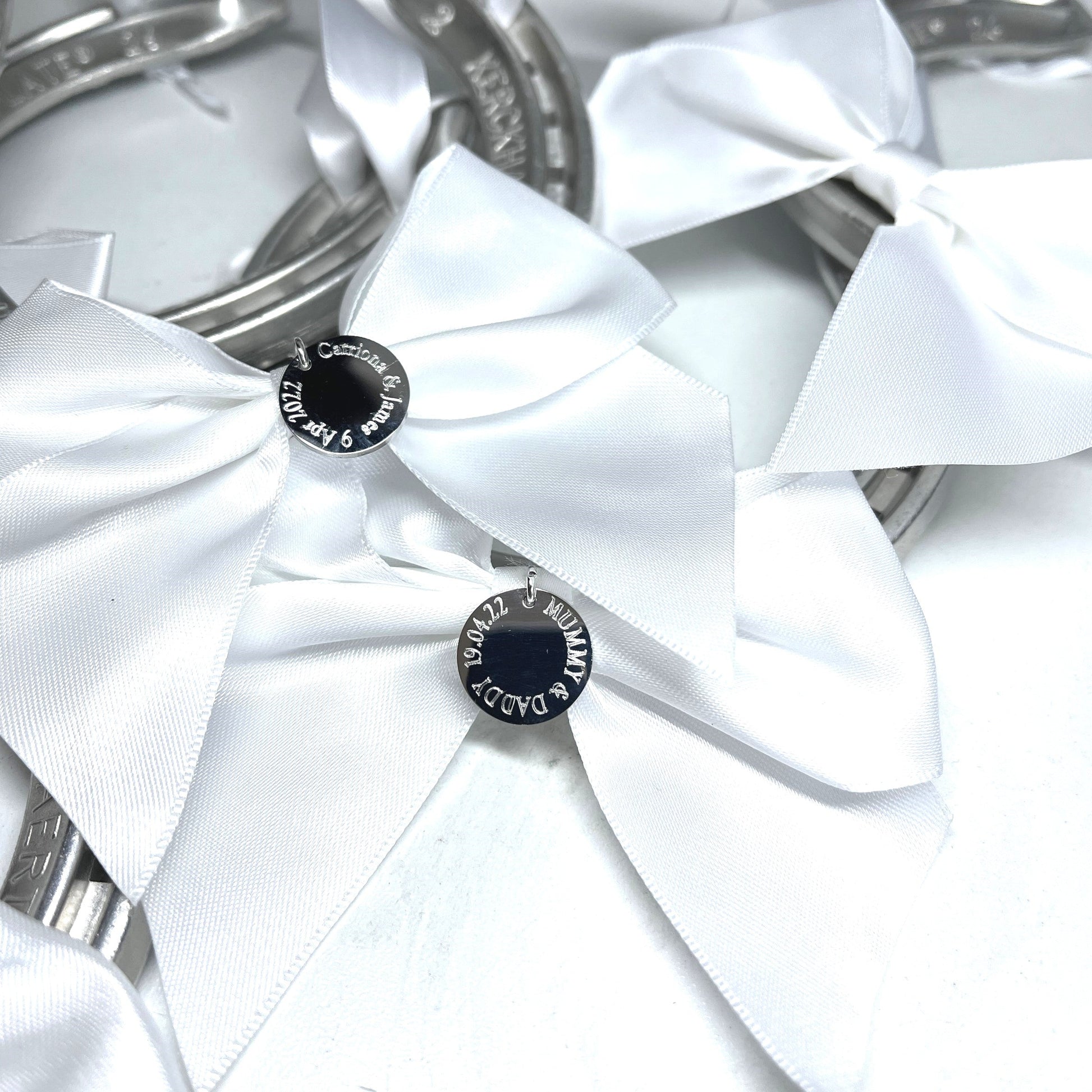 Wedding Horseshoe Engraved Good Luck Charm, White Satin Ribbon-1
